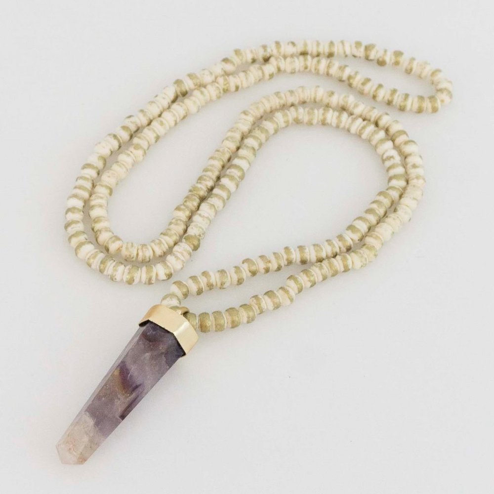 Amethyst obelisk pendant with camel bone beads